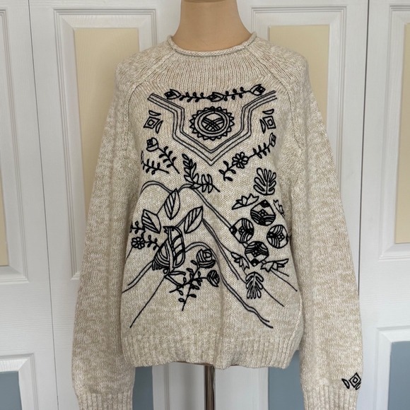 Sundance Sweaters - Sundance Womens Cream Black Embroidered Floral Cotton Wool Blend Sweater L